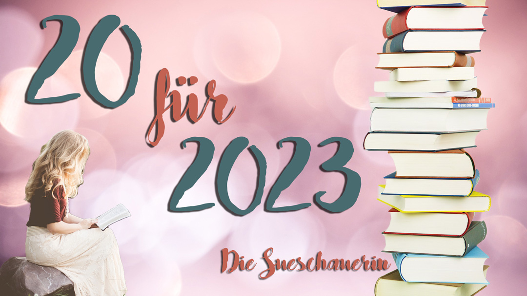 Auf einem rosafarbenen Hintergrund sind verschiedene Elemente angeordnet. In der unteren linken Ecke sitzt ein Mädchen in einem dunkelroten T-Shirt und einem weißen Rock auf einem grauen Stein und ließ ein Buch. Auf der rechten Seite ist ein Bücherstapel senkrecht von oben nach unten. Von der oberen linken Ecke in die Mitte sind versetzt die Worte "20 für 2023" zu sehen. Unter der "2023" steht "Die Sueschauerin"