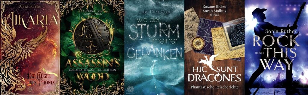 Nebeneinander sind die 5 Cover der vorgestellten Bücher aus Januar-März. Von links nach rechts: Aikaria 1, Assasin's Wood, Wie der Sturm meiner Gedanken, Hic Sunt Dracones, Rock this way