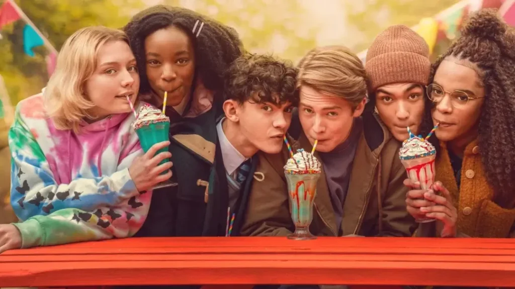 An einem roten Holz-Tisch sitzen von links nach rechts Darcy, Tara, Charlie, Nick, Tao und Elle. Je zwei von ihnen teilen sich ein Milchshake-Glas und ziehen am Strohalm. In jedem Glas stecken zwei Strohhalme und eine Sahnehaube ist oben auf jedem Glas. Im Hintergrund sieht man bunte Wimpelketten und Bäume.
