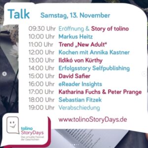 Zu sehen ist das Programm zu den Talkrunden am Samstag der "Tolino Story Days 2021"