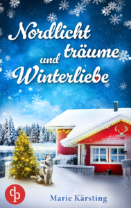 In einer Schneelandschaft mit Bäumen und einem See steht ein Schwedenhaus mit schneebedecktem Dach. Vor dem Haus steht ein geschmückter Weihnachtsbaum. Davor sitzt ein Husky. Der Buchtitel steht in Schreibschrift im blauen Himmel. 