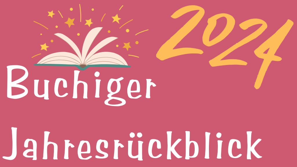 Auf einem hellroten Hintergrund steht in weißer Druckschrift "Buchiger Jahresrückblick". Über dem Schriftzug ist ein aufgeschlagenes Buch zu sehen, aus dessen Seiten Sterne wie Feuerwerk kommen. Oben rechts in der Ecke steht in gelber Handschrift die Jahreszahl.