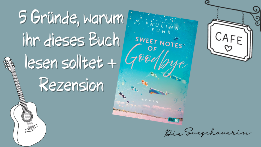 Auf einem hellblauen Hintergrund sind in der linken unteren Ecke eine Gitarre und in der rechten oberen Ecke ein "Cafe"-Schild zu sehen. Das Cover ist mittig platziert. Links neben dem Cover steht der Titel des Blogposts in weißer Druckschrift.